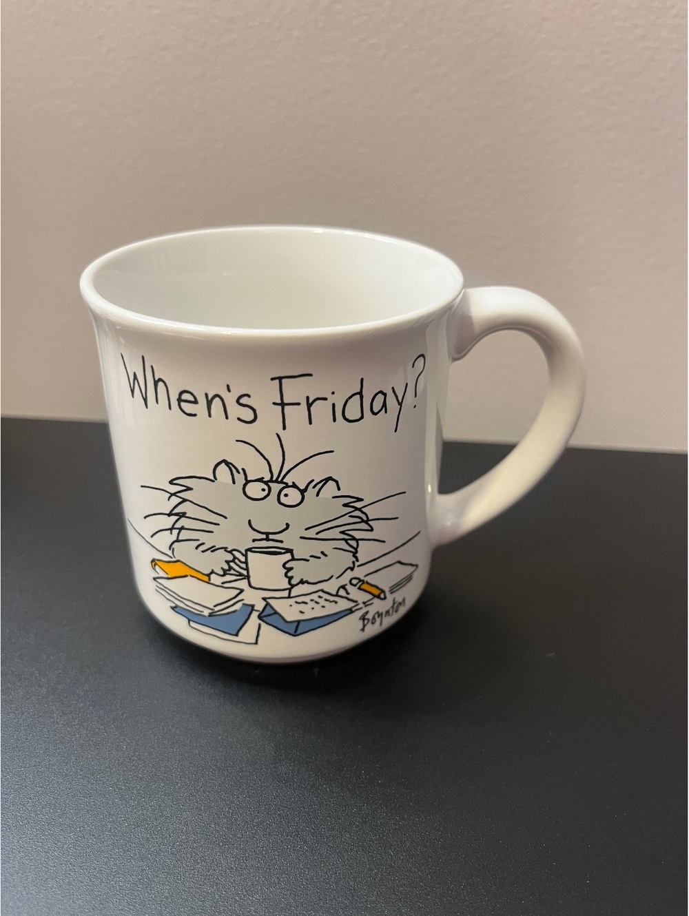 When is Friday? cartoon mug